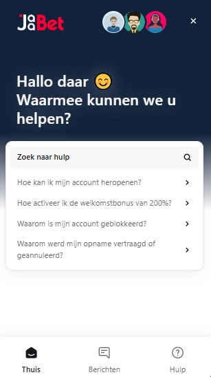 Mobiel helpcentrum van JaaBet met zoekfunctie en veelgestelde vragen over accounts en bonussen