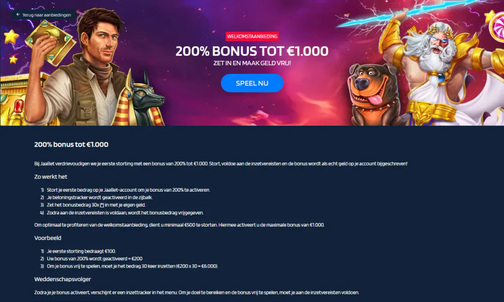 Welkomstbonus van 200% tot €1.000 bij JaaBet met een inzetvereiste van x30